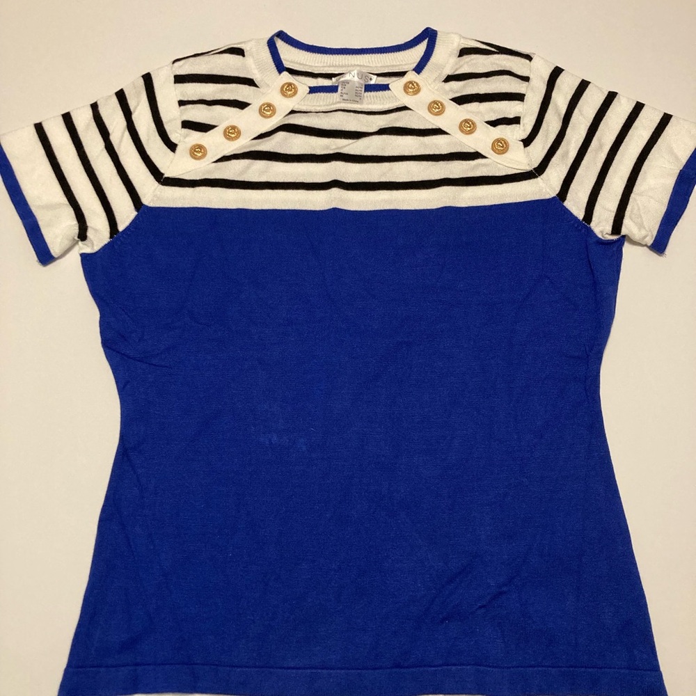 VENUS Black and White Striped Top with Blue Accents with faux buttons size L